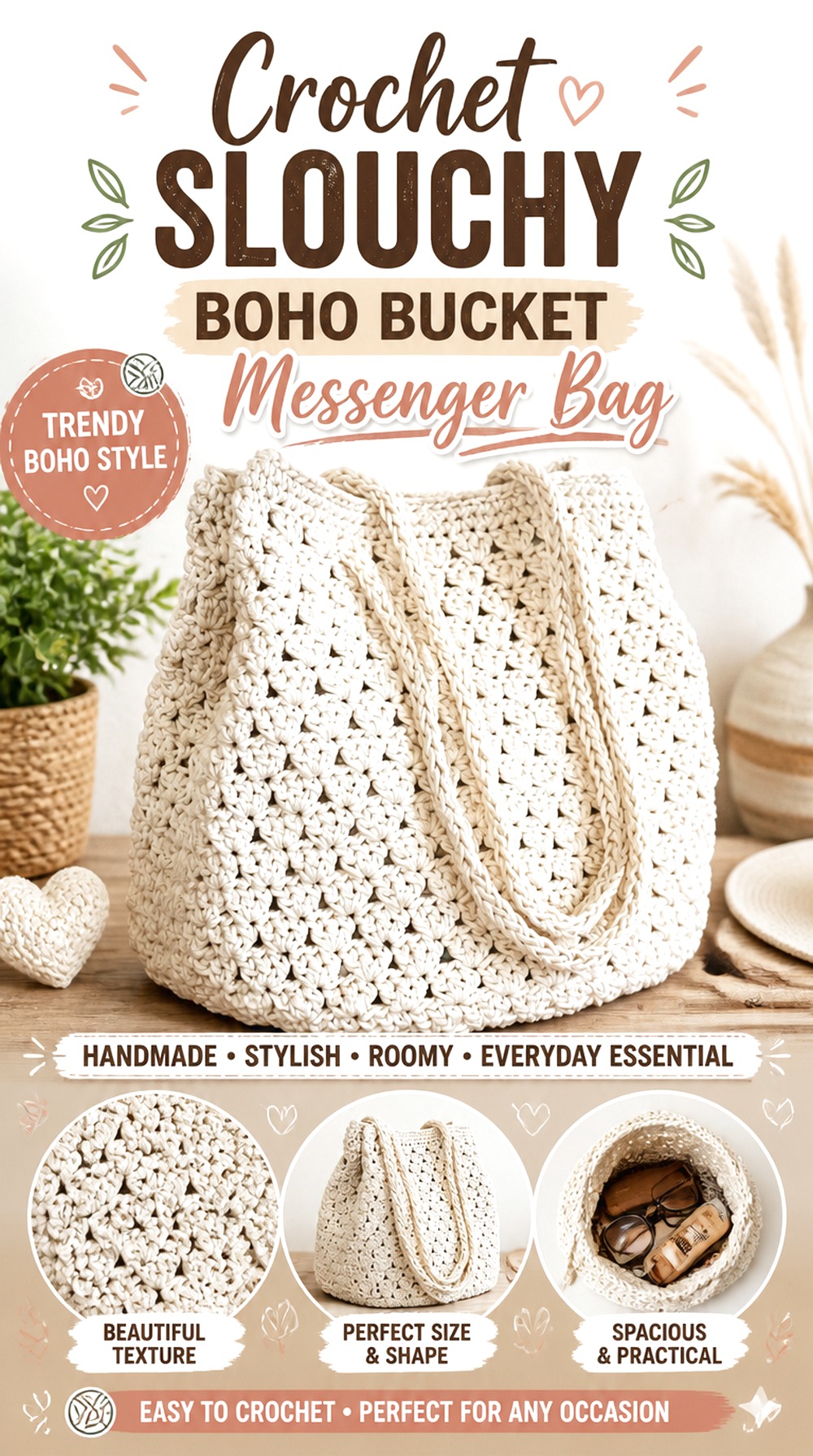 Crochet Slouchy Boho Bucket Messenger Bag
