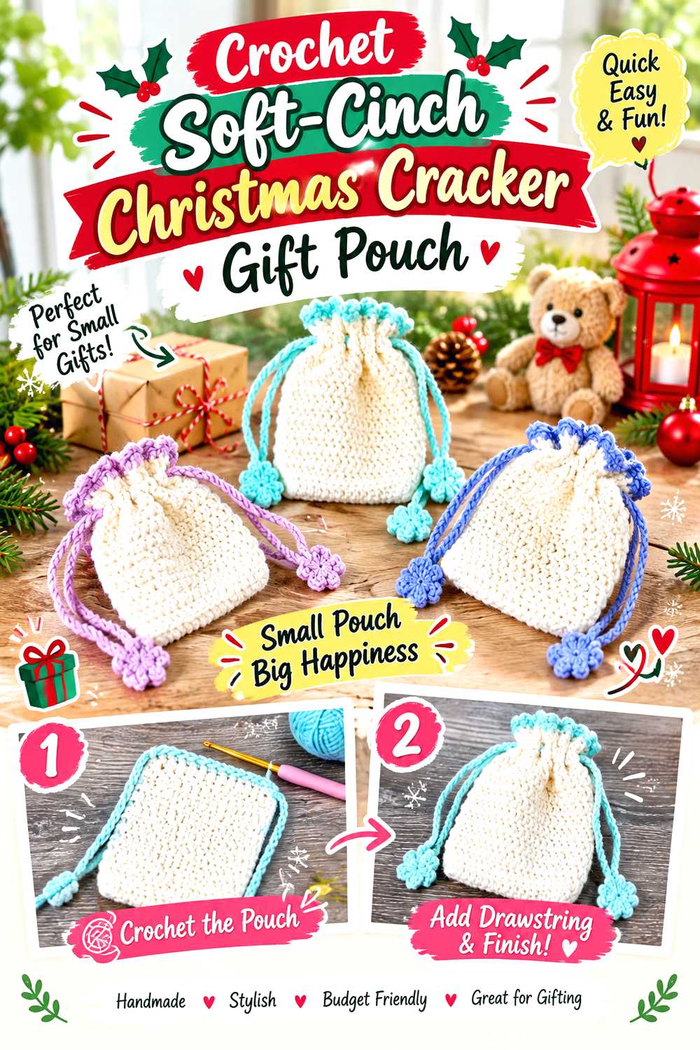 Crochet Soft Cinch Christmas Cracker Gift Pouch
