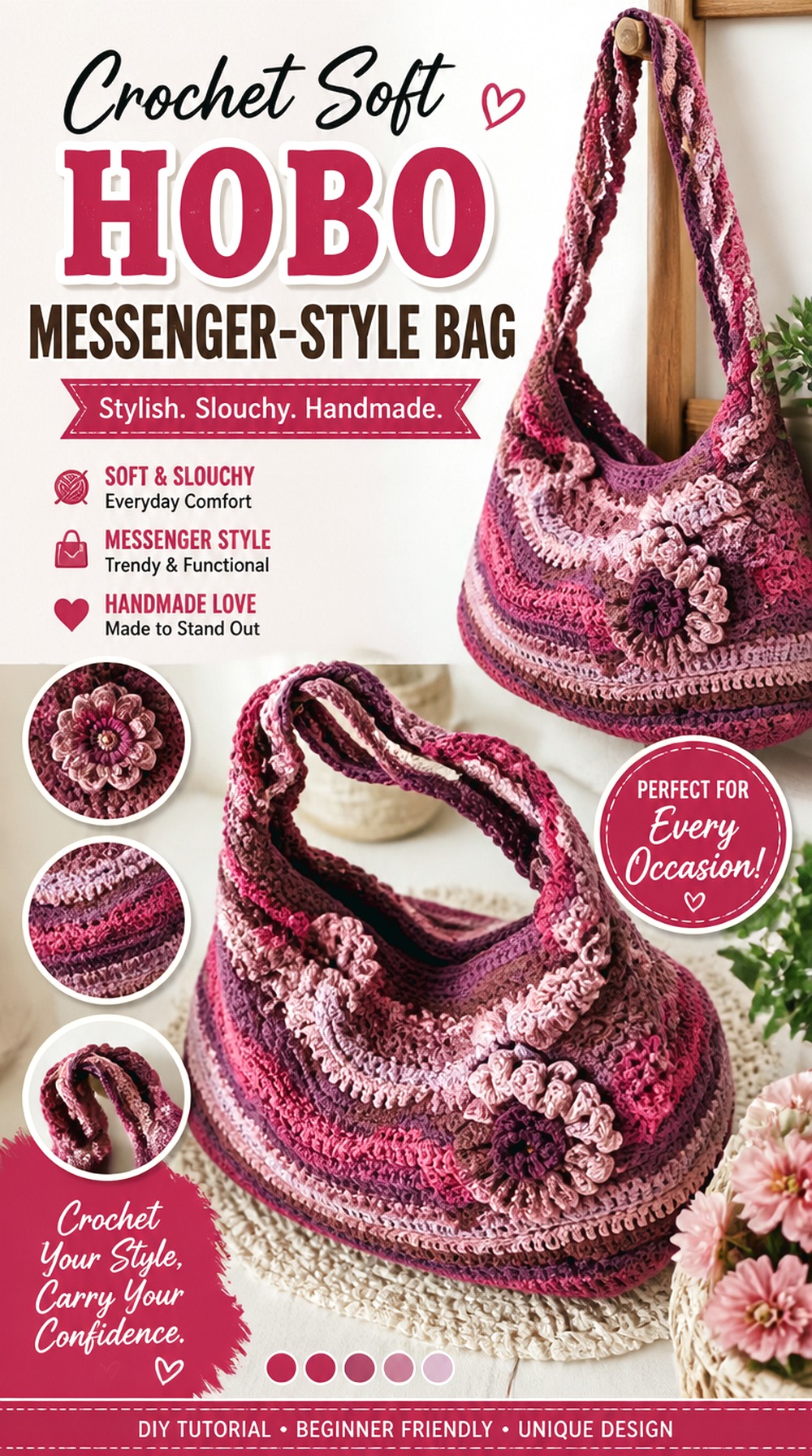 Crochet Soft Hobo Messenger Style Bag