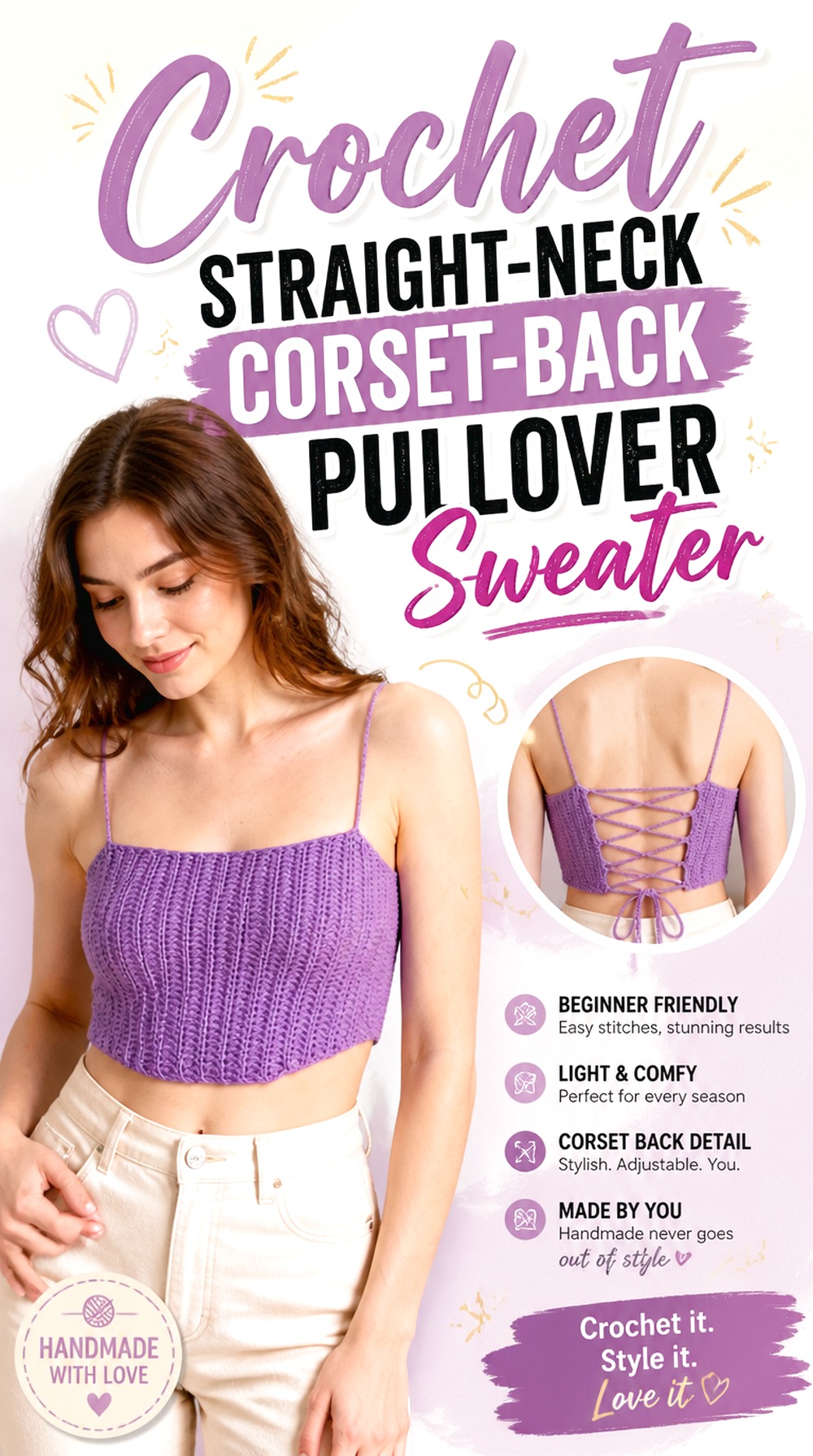 Crochet Straight Neck Corset Back Pullover Sweater