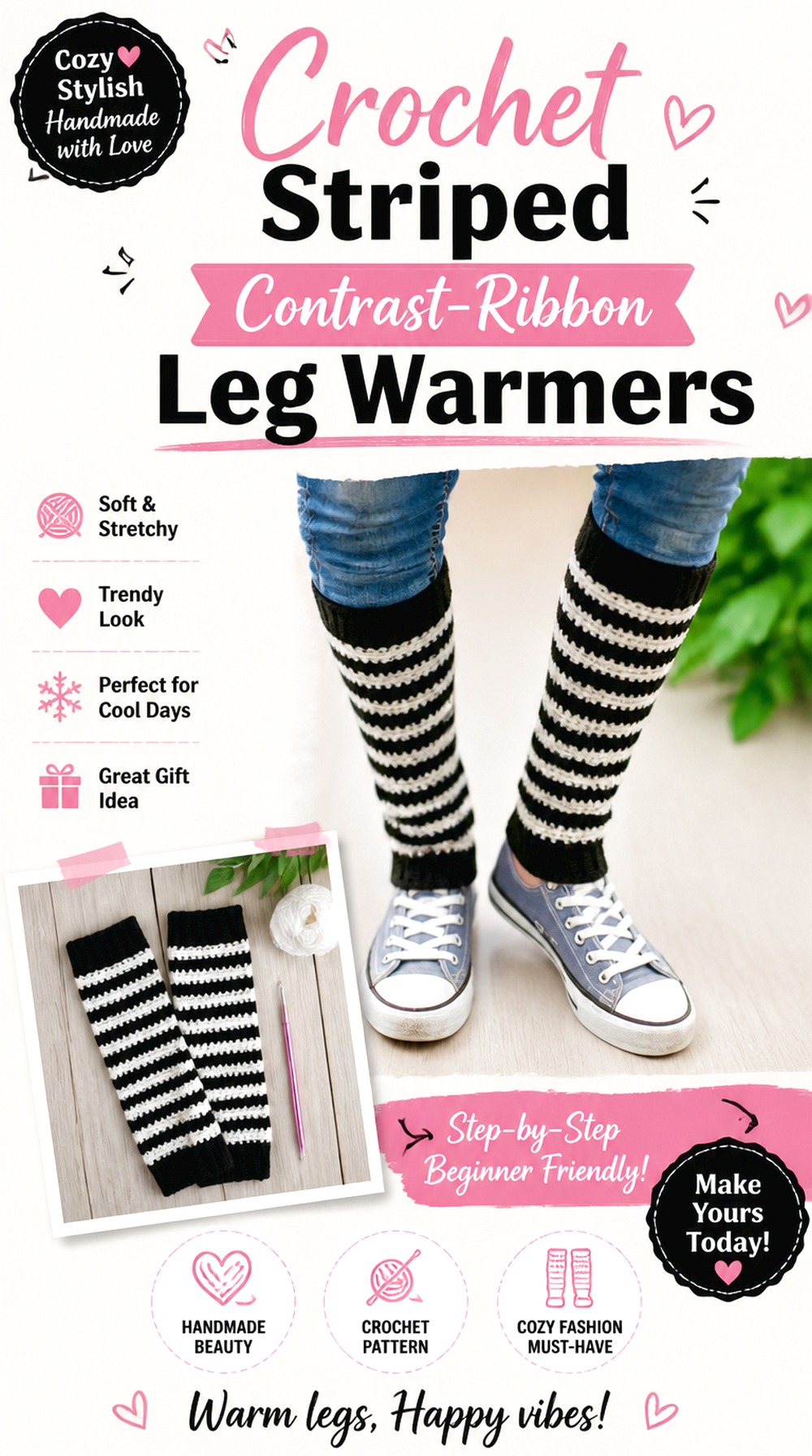 Crochet Striped Contrast Ribbon Leg Warmers