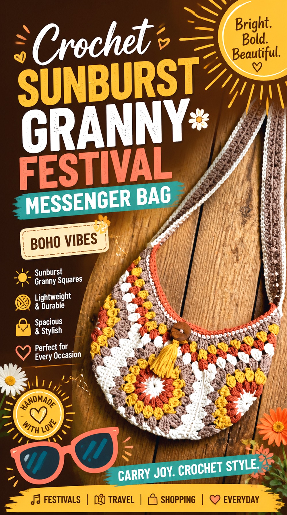 Crochet Sunburst Granny Festival Messenger Bag