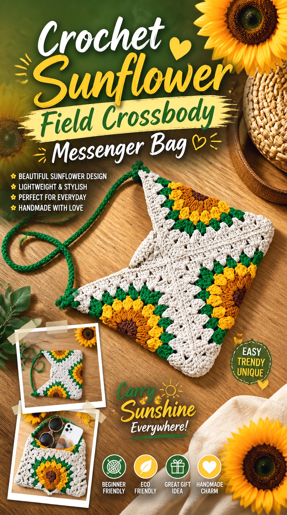 Crochet Sunflower Field Crossbody Messenger Bag