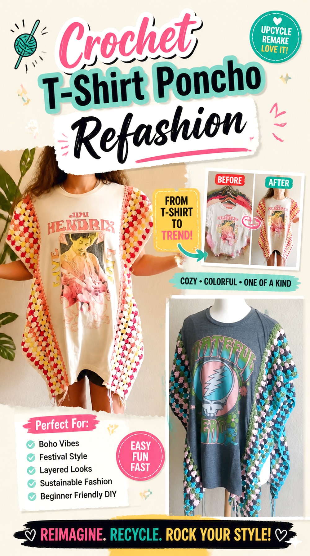 Crochet T Shirt Poncho Refashion