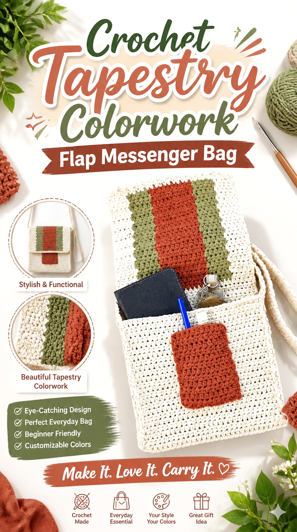 Crochet Tapestry Colorwork Flap Messenger Bag