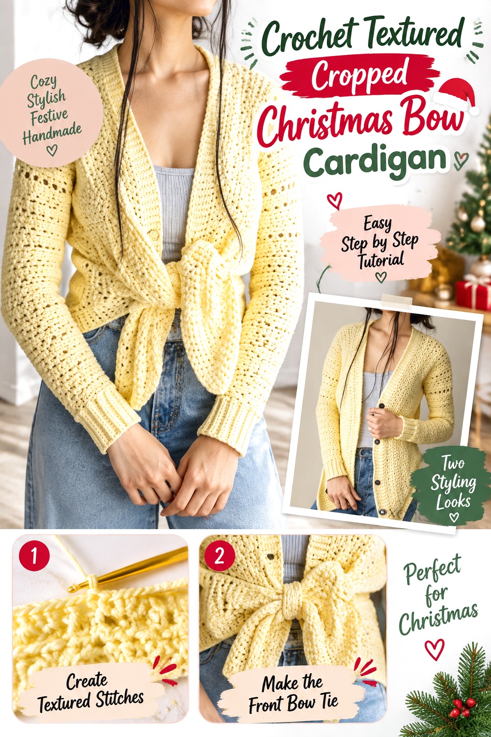 Crochet Textured Cropped Christmas Bow Cardigan