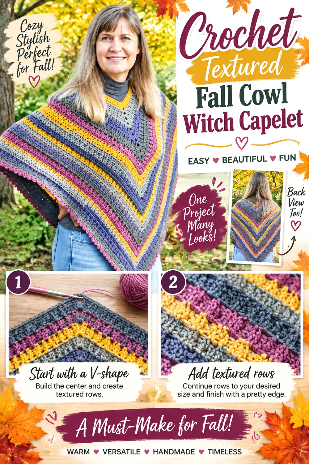 Crochet Textured Fall Cowl Witch Capelet