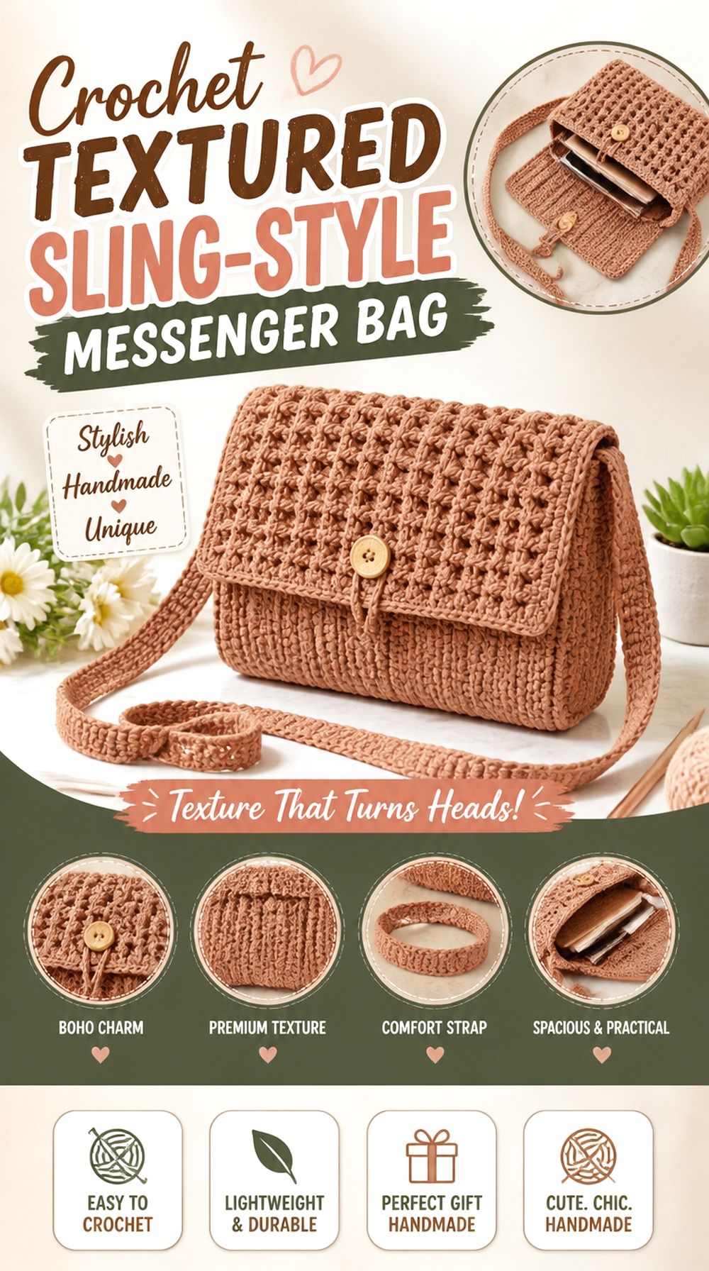 Crochet Textured Sling Style Messenger Bag
