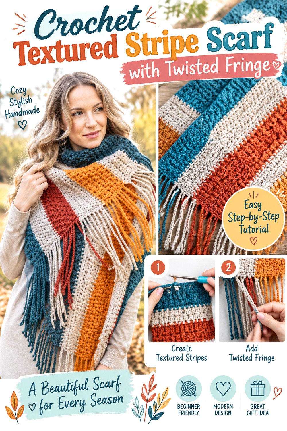 Crochet Textured Stripe Scarf with Twisted Fringe