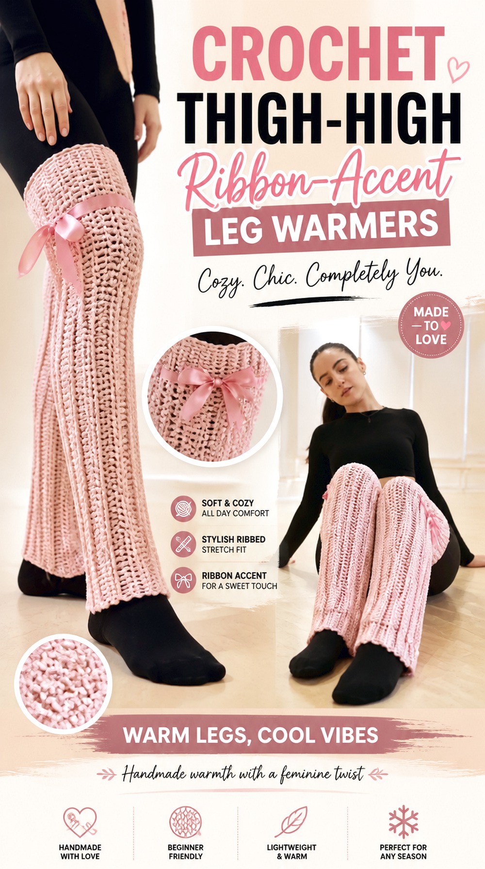 Crochet Thigh High Ribbon Accent Leg Warmers