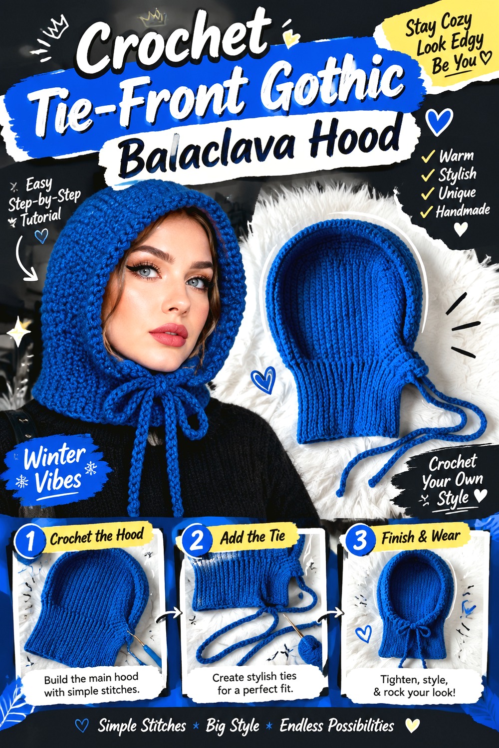 Crochet Tie Front Gothic Balaclava Hood