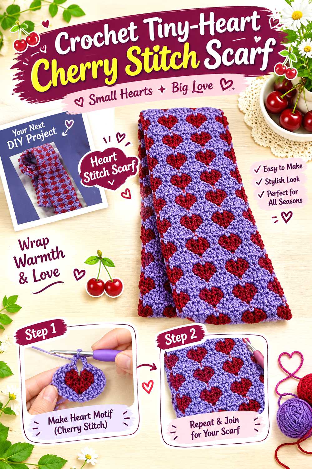 Crochet Tiny Heart Cherry Stitch Scarf