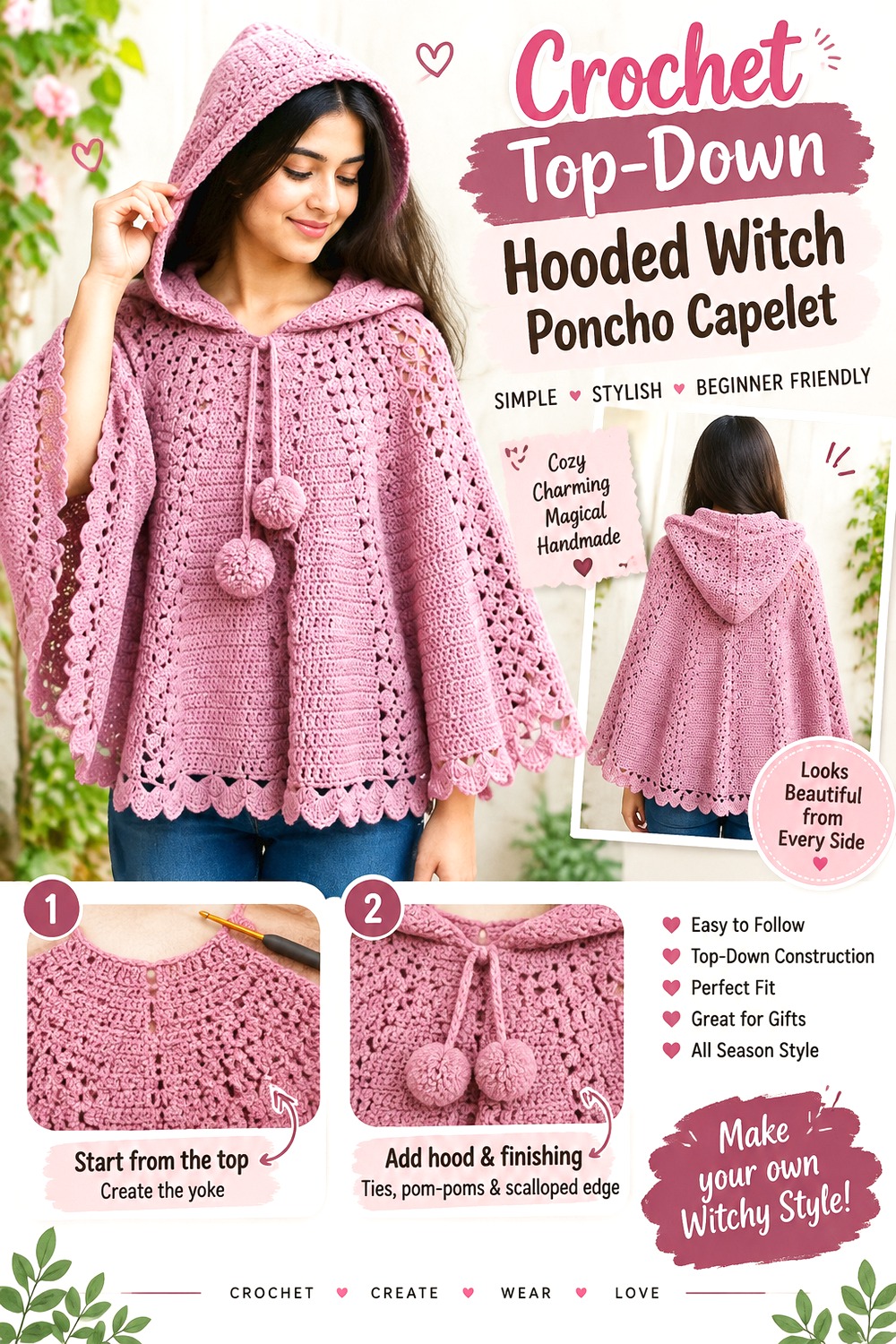 Crochet Top Down Hooded Witch Poncho Capelet
