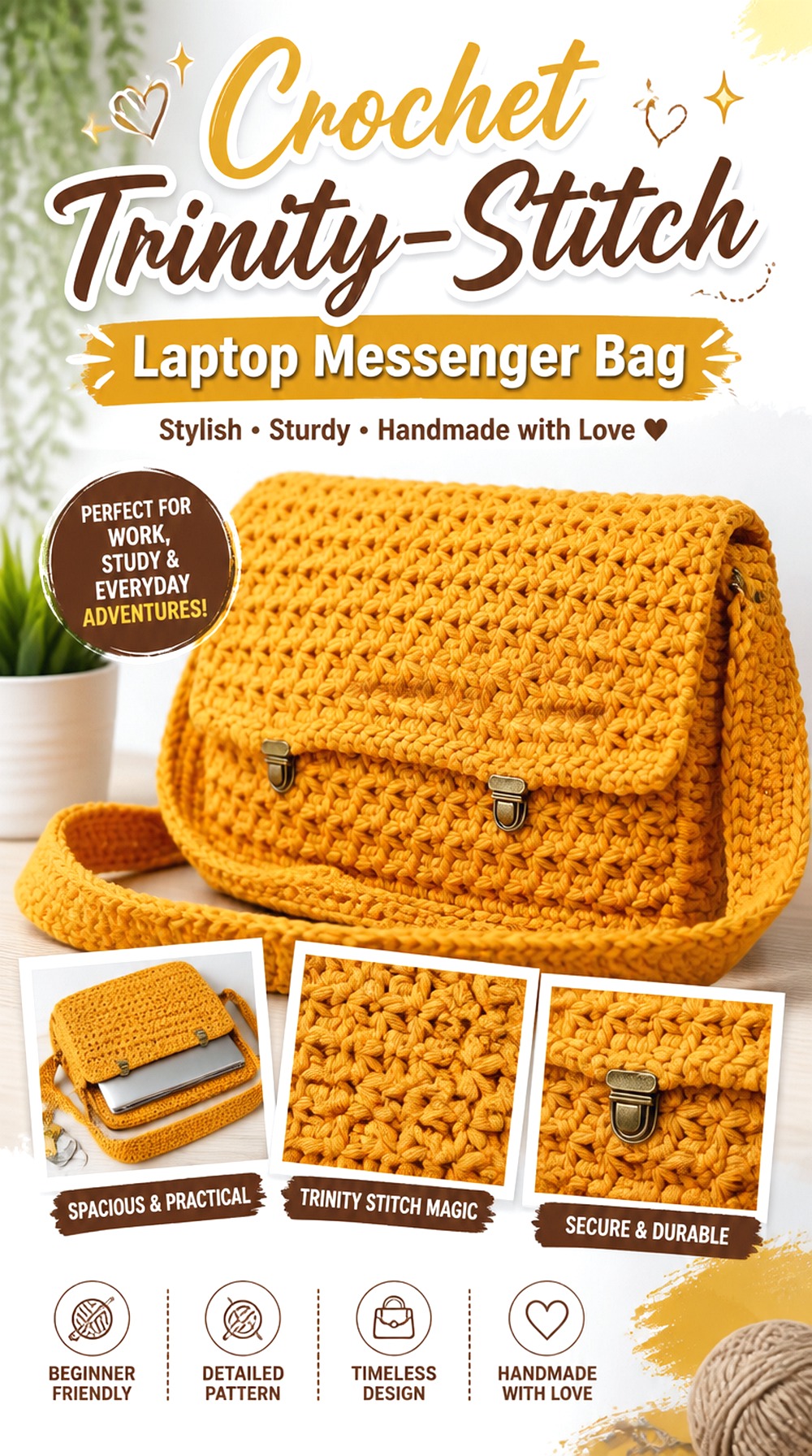 Crochet Trinity Stitch Laptop Messenger Bag
