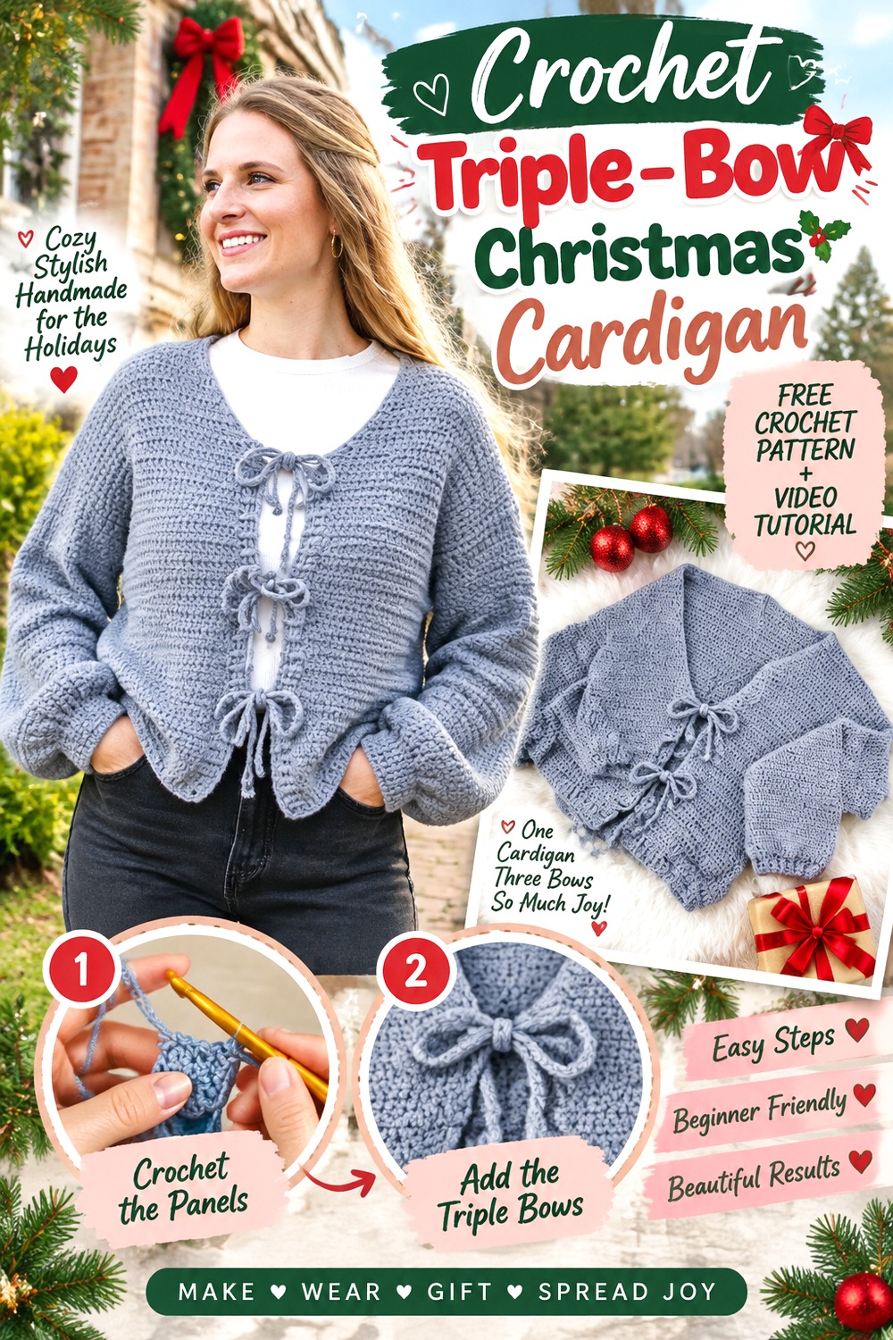Crochet Triple Bow Christmas Cardigan