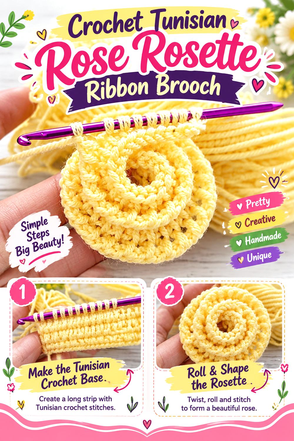 Crochet Tunisian Rose Rosette Ribbon Brooch