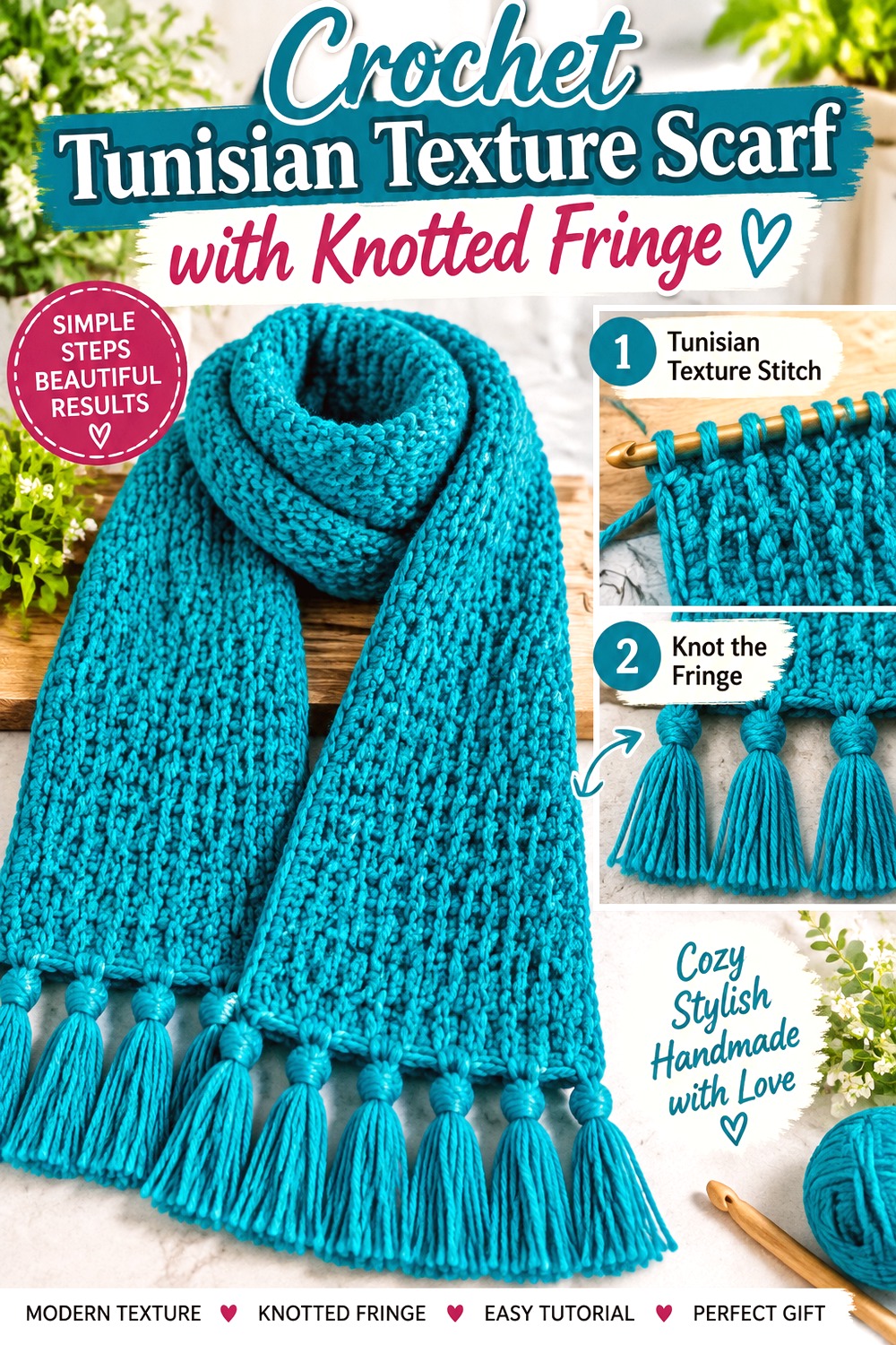 Crochet Tunisian Texture Scarf with Knotted Fringe