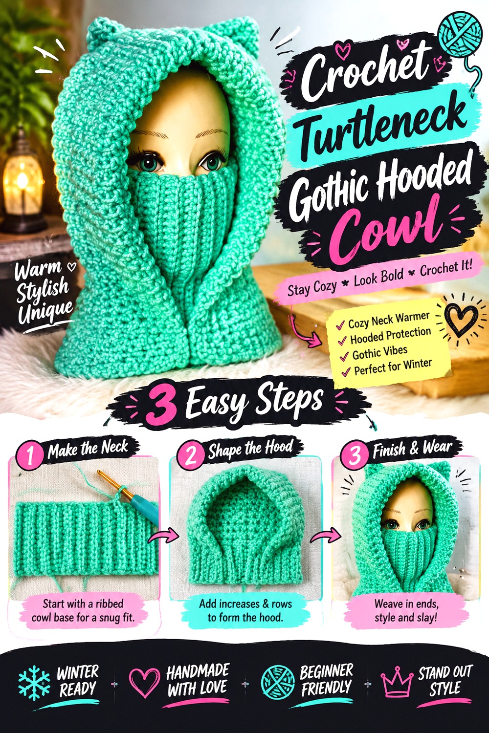 Crochet Turtleneck Gothic Hooded Cowl