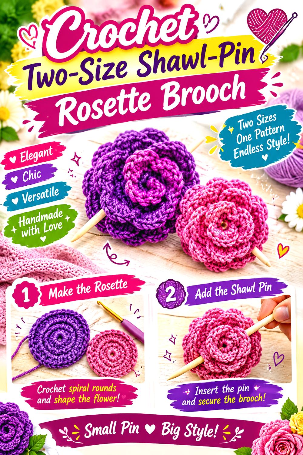 Crochet Two Size Shawl Pin Rosette Brooch