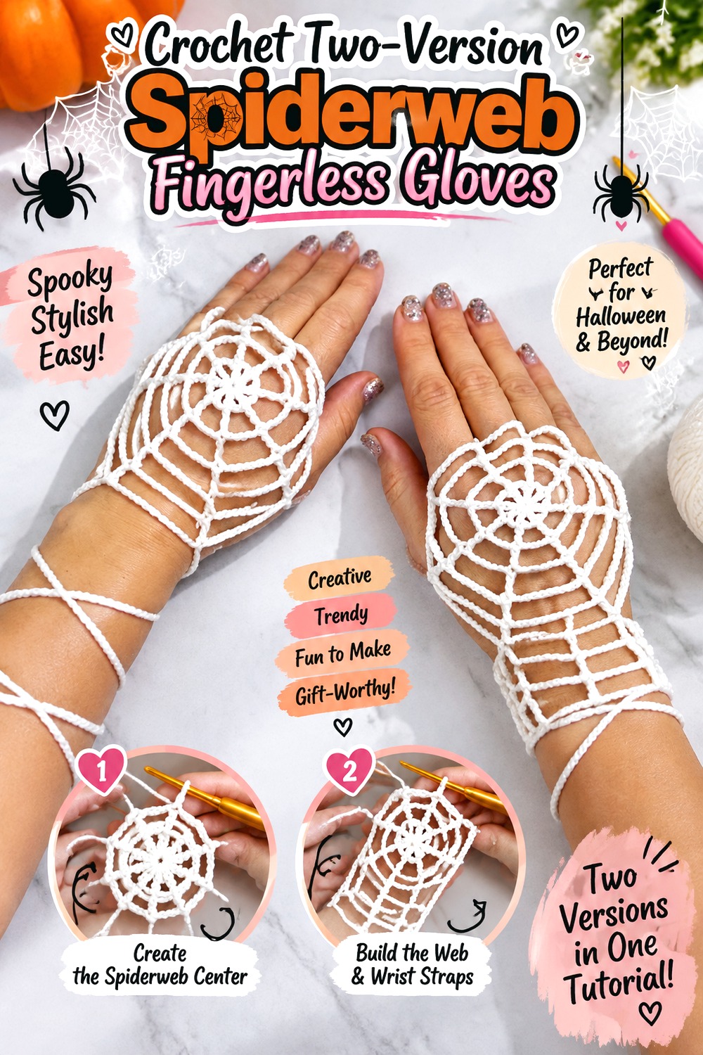 Crochet Two Version Spiderweb Fingerless Gloves