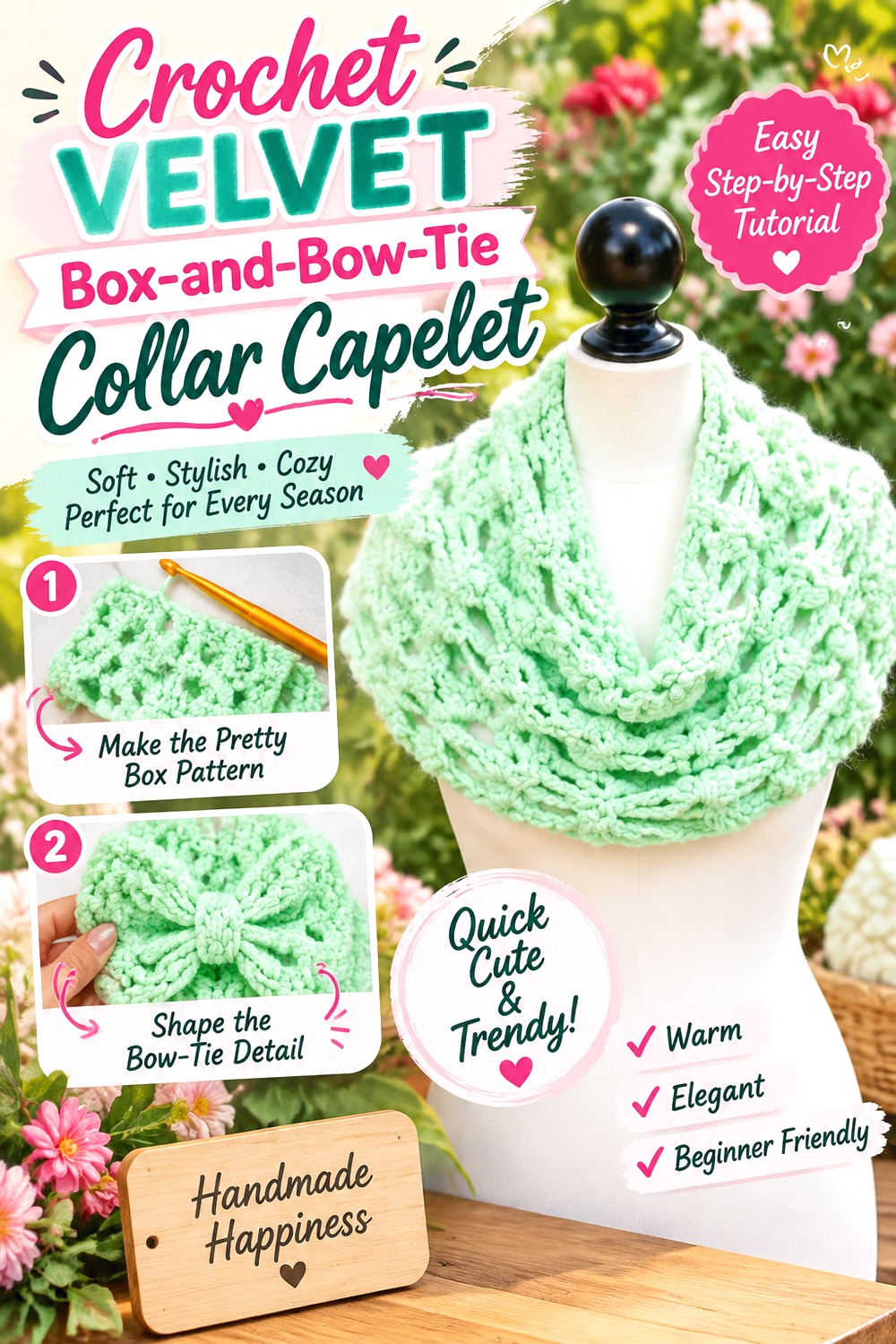 Crochet Velvet Box and Bow Tie Collar Capelet