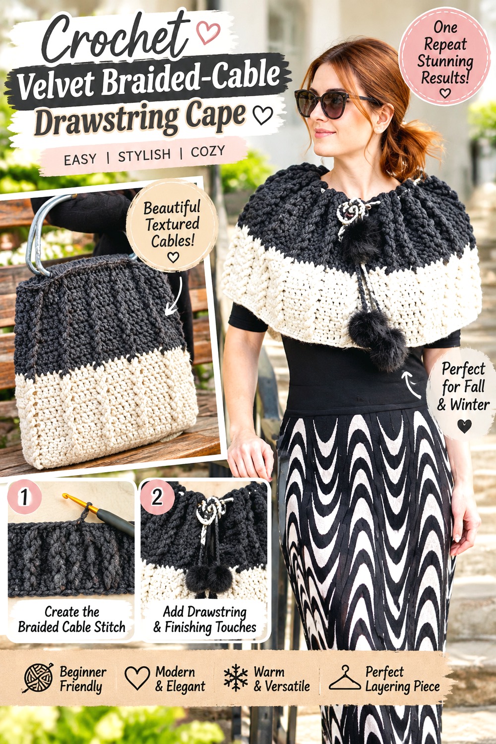 Crochet Velvet Braided Cable Drawstring Cape