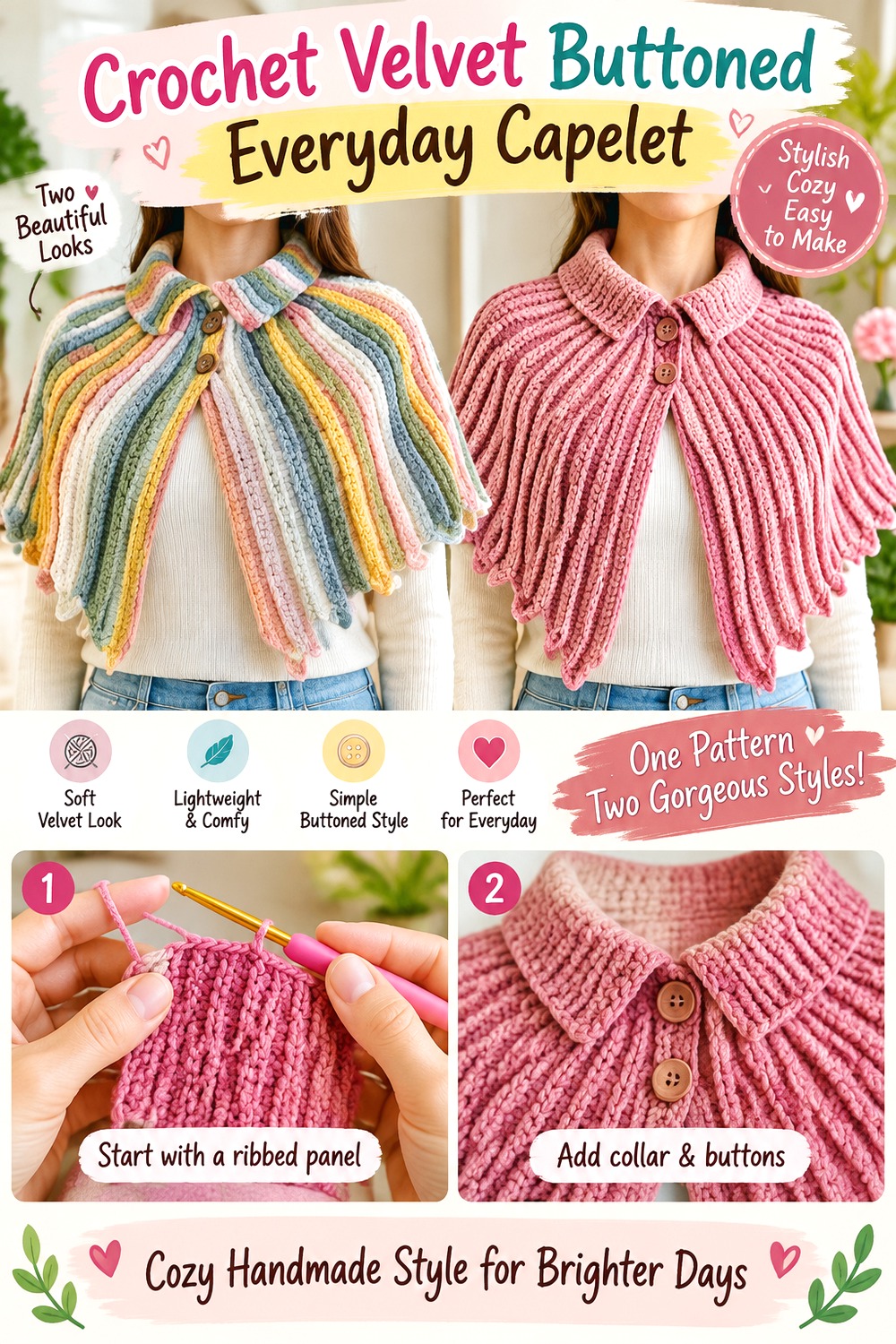 Crochet Velvet Buttoned Everyday Capelet