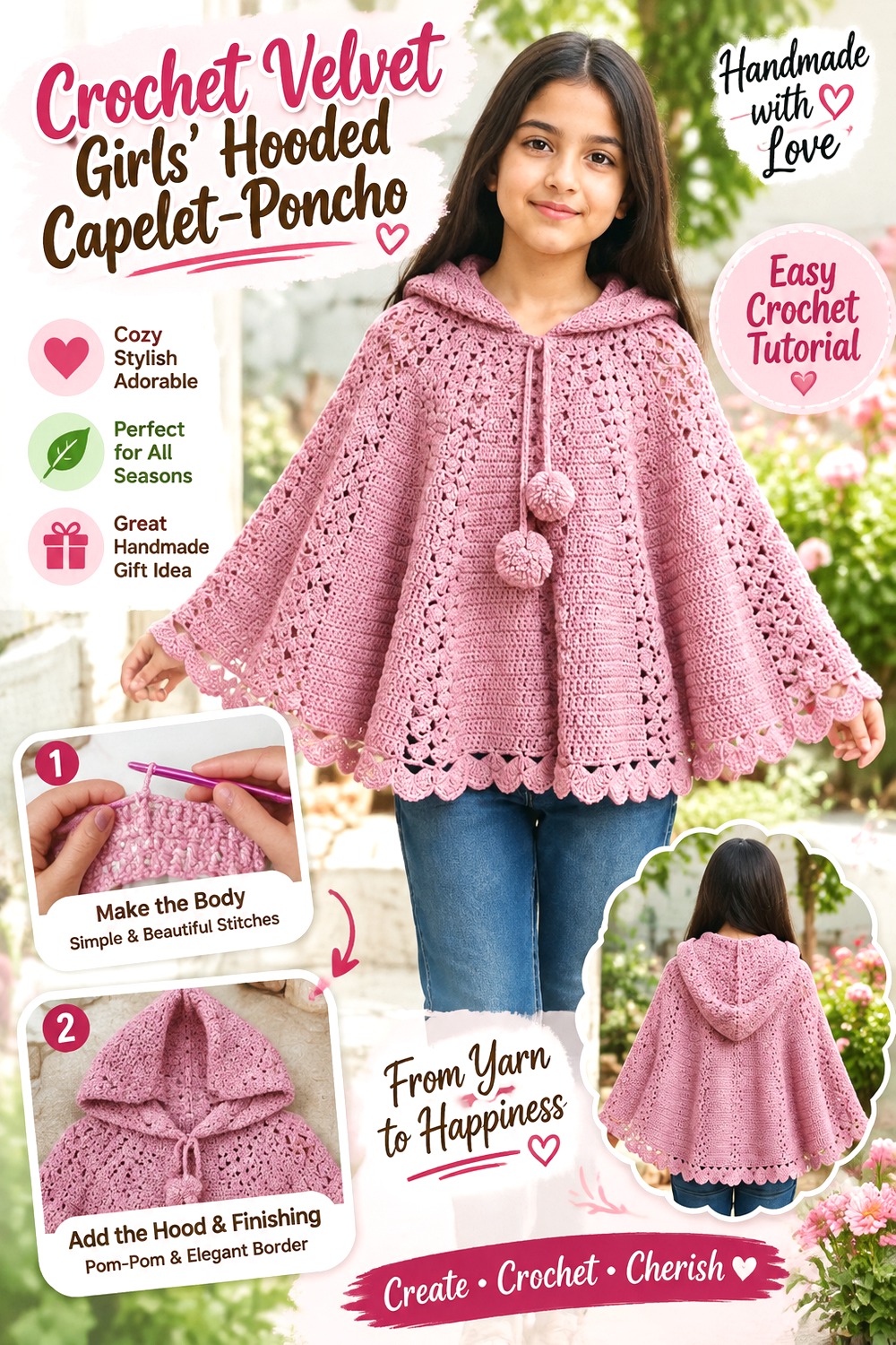 Crochet Velvet Girls’ Hooded Capelet Poncho