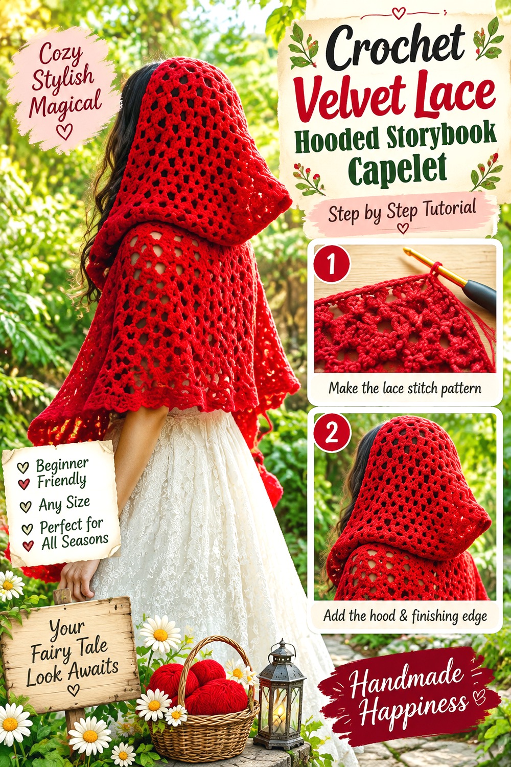 Crochet Velvet Lace Hooded Storybook Capelet