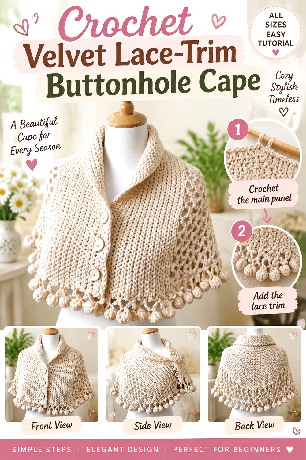 Crochet Velvet Lace Trim Buttonhole Cape