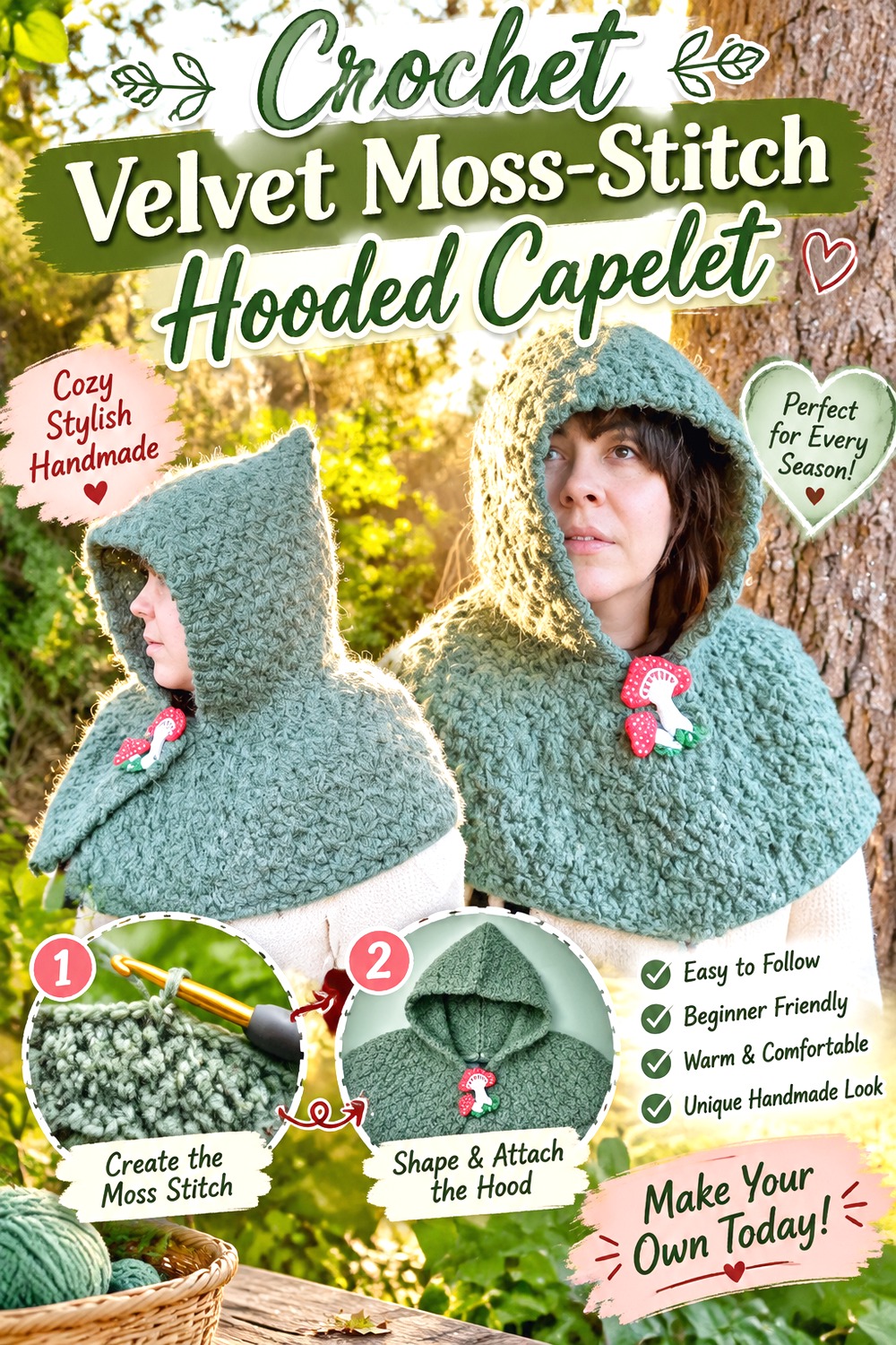 Crochet Velvet Moss Stitch Hooded Capelet