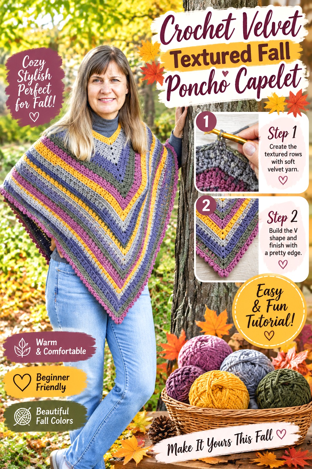 Crochet Velvet Textured Fall Poncho Capelet