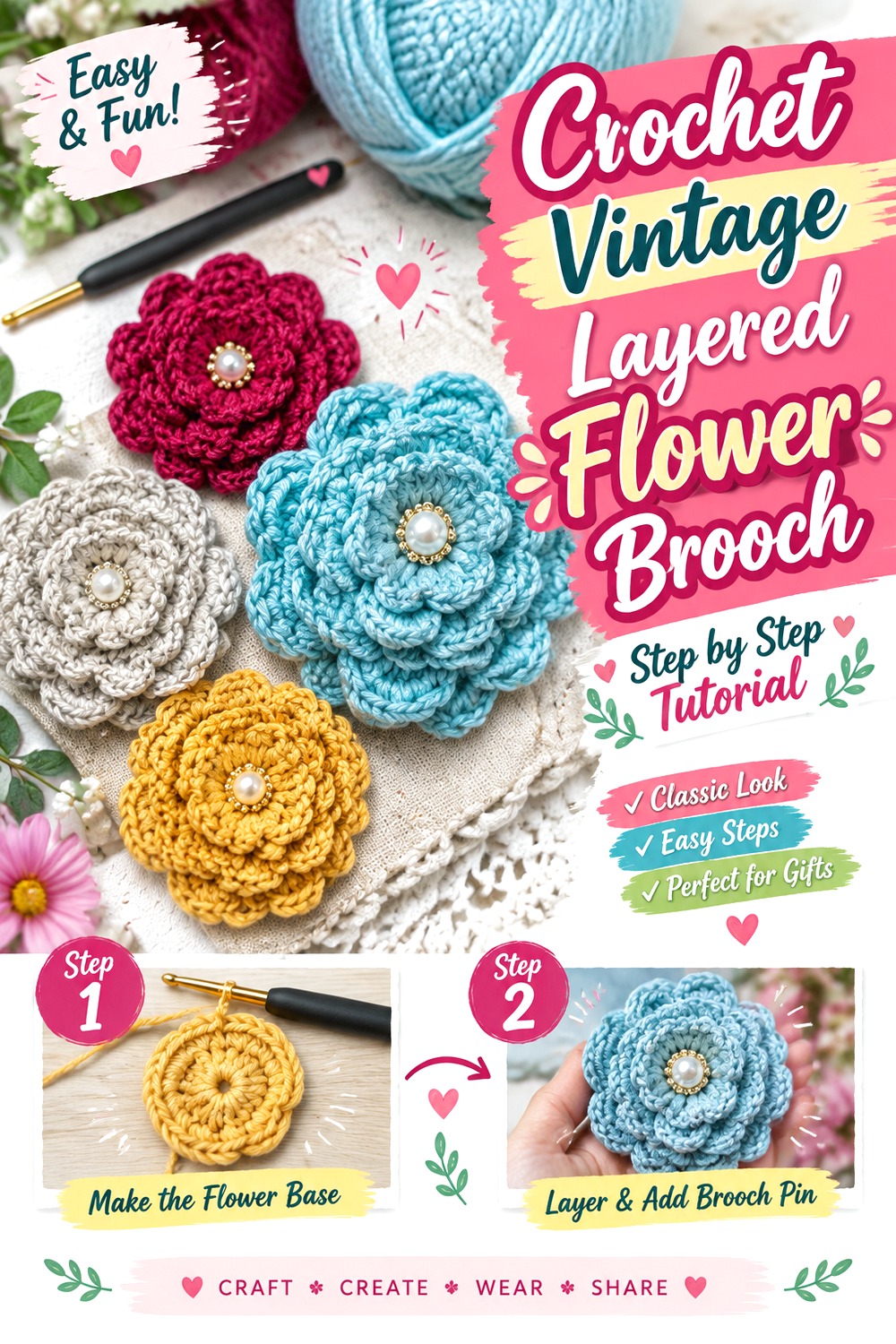 Crochet Vintage Layered Flower Brooch
