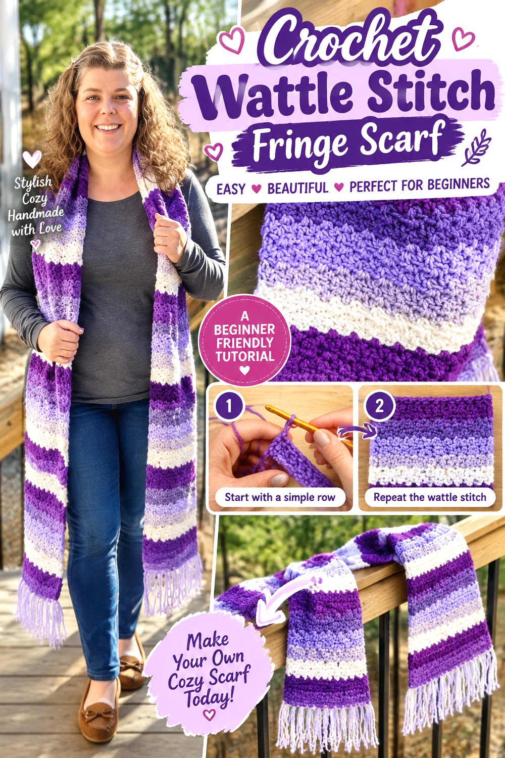 Crochet Wattle Stitch Fringe Scarf
