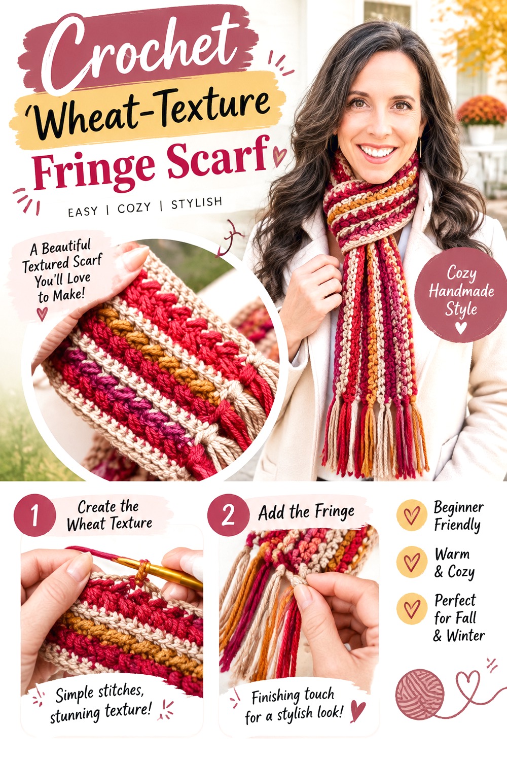 Crochet Wheat Texture Fringe Scarf