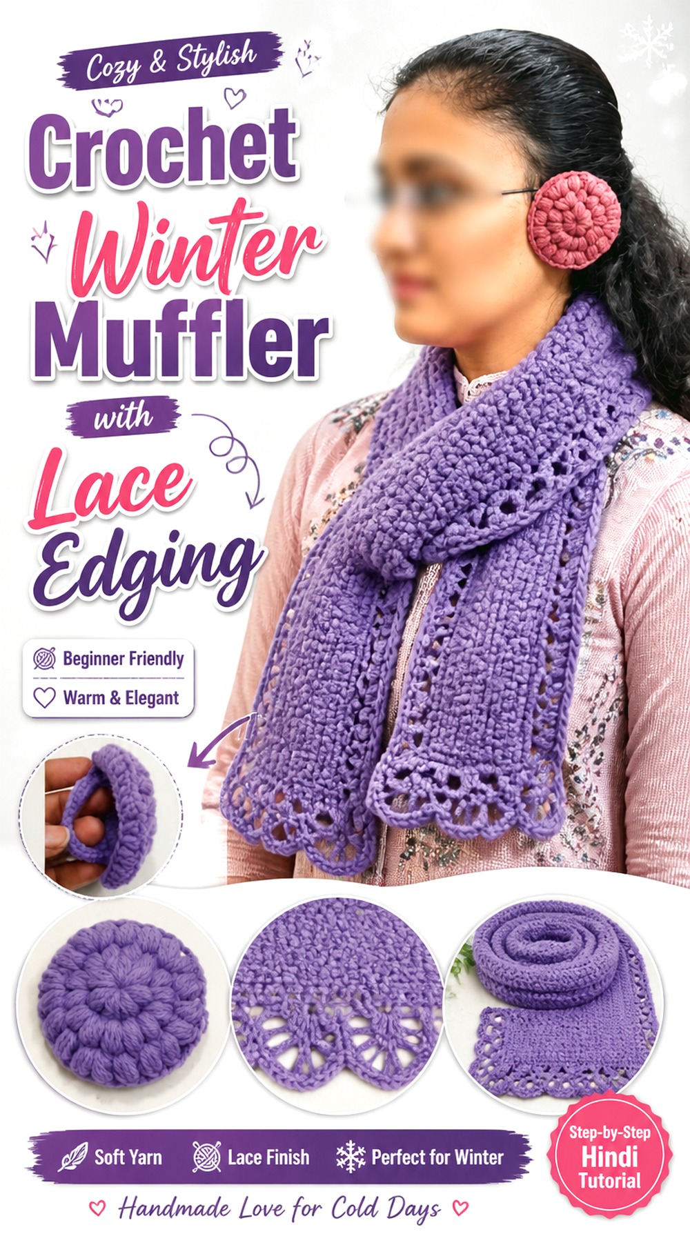 Crochet Winter Muffler with Lace Edging
