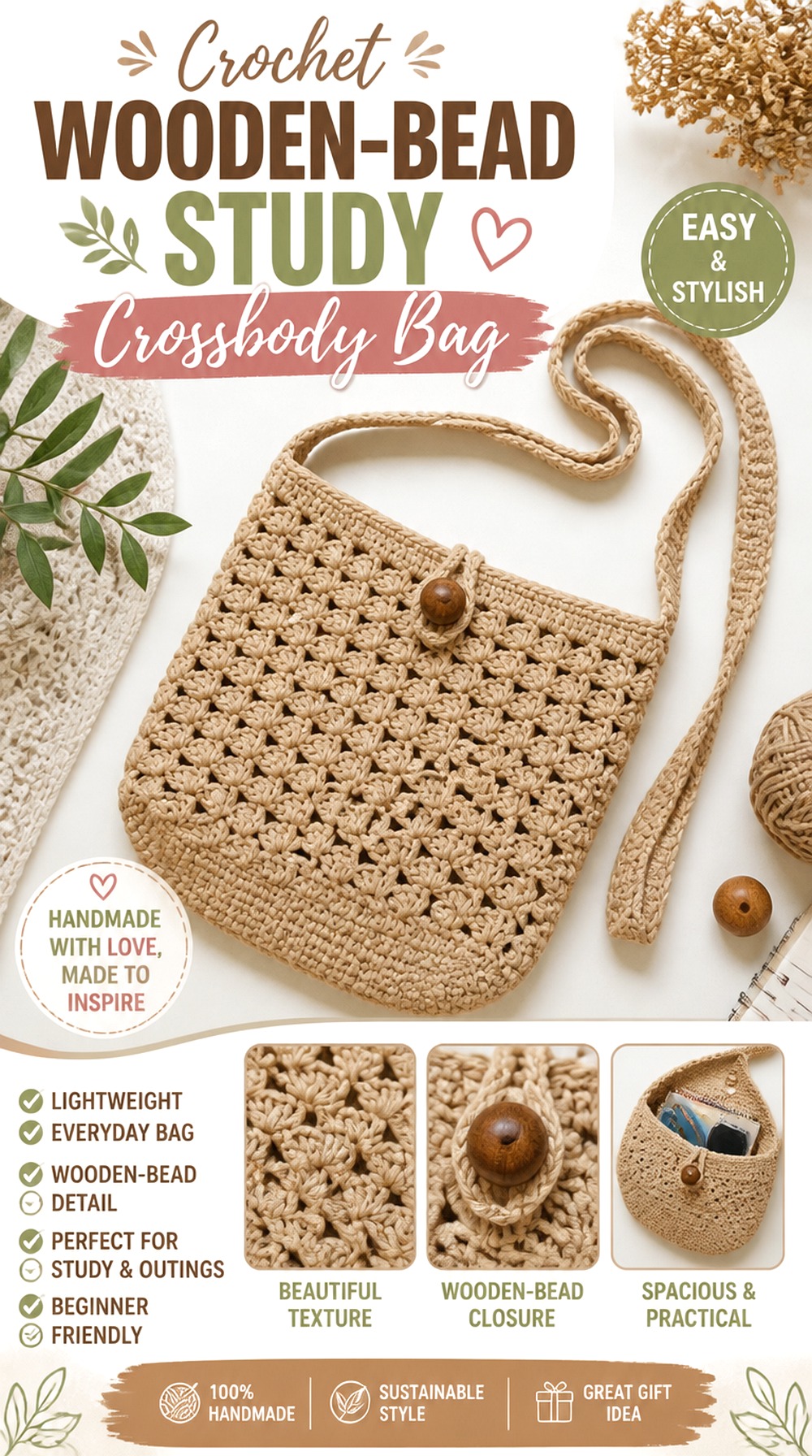 Crochet Wooden Bead Study Crossbody Bag