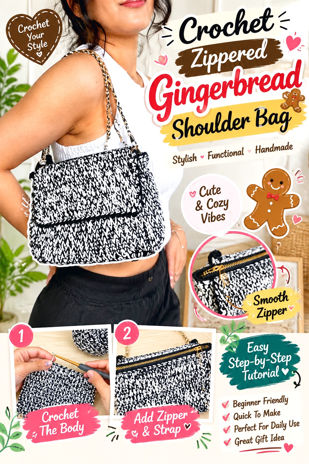 Crochet Zippered Gingerbread Shoulder Bag