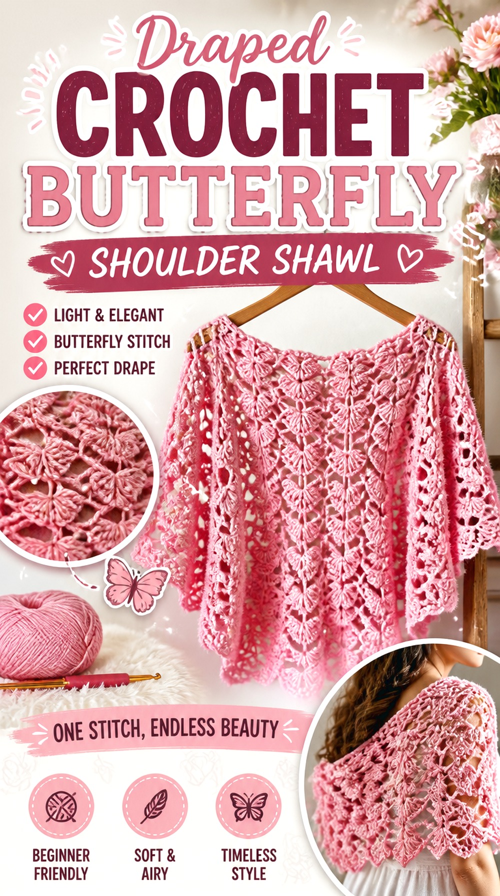 Draped Crochet Butterfly Shoulder Shawl