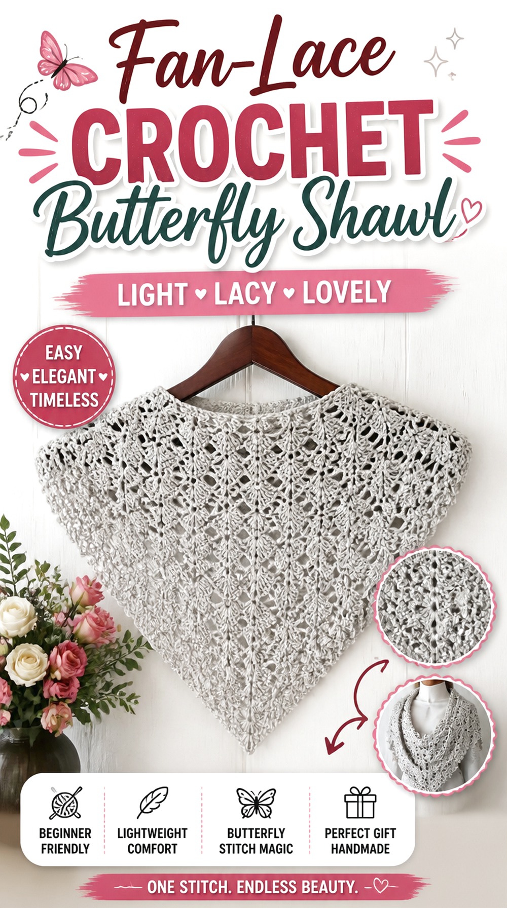 Fan Lace Crochet Butterfly Shawl
