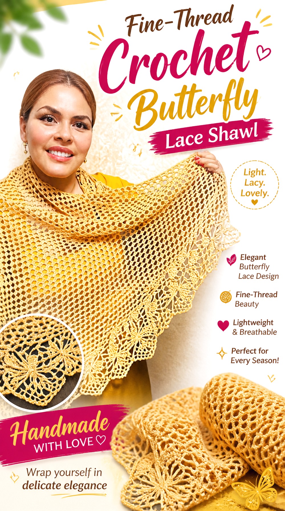 Fine Thread Crochet Butterfly Lace Shawl