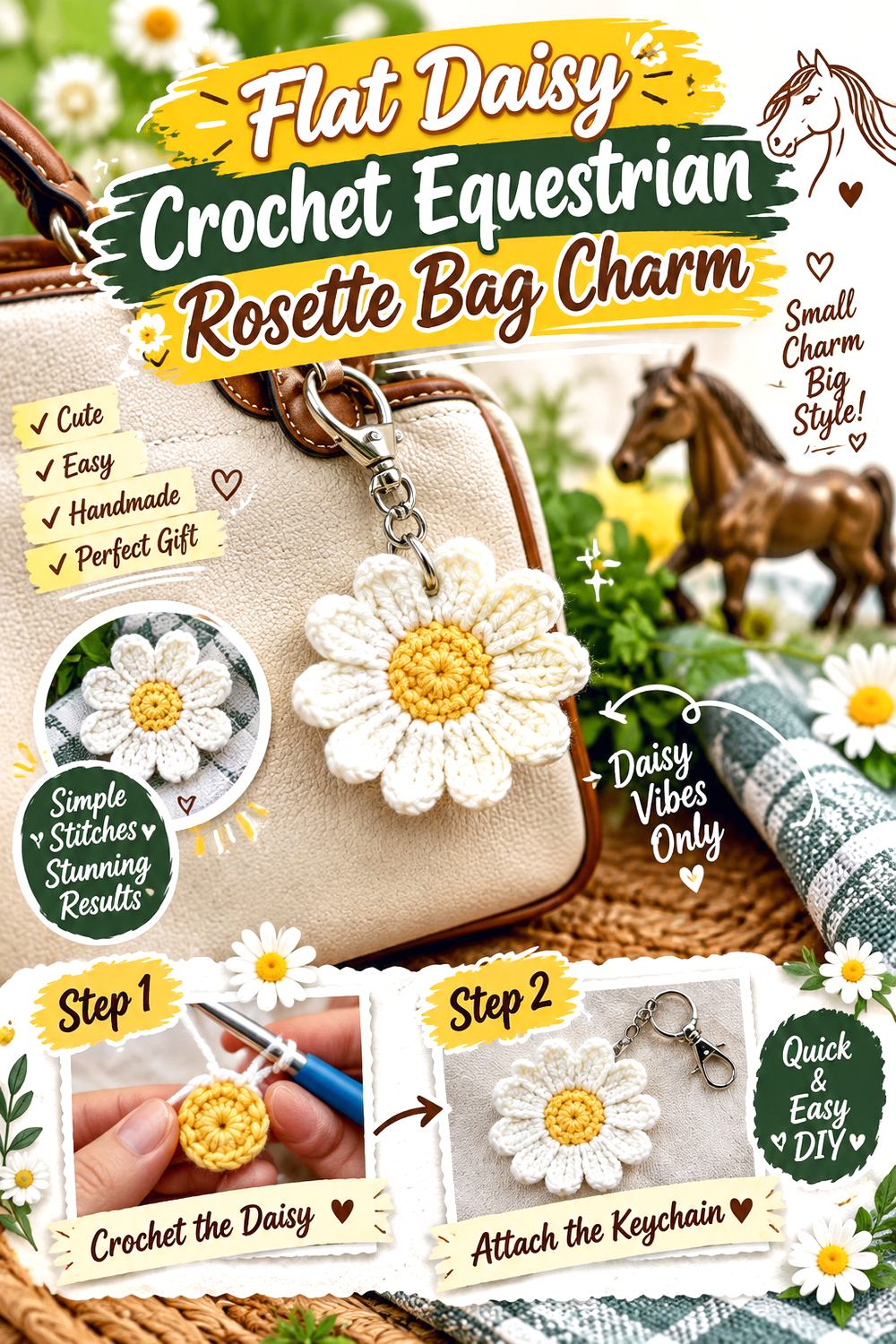 Flat Daisy Crochet Equestrian Rosette Bag Charm