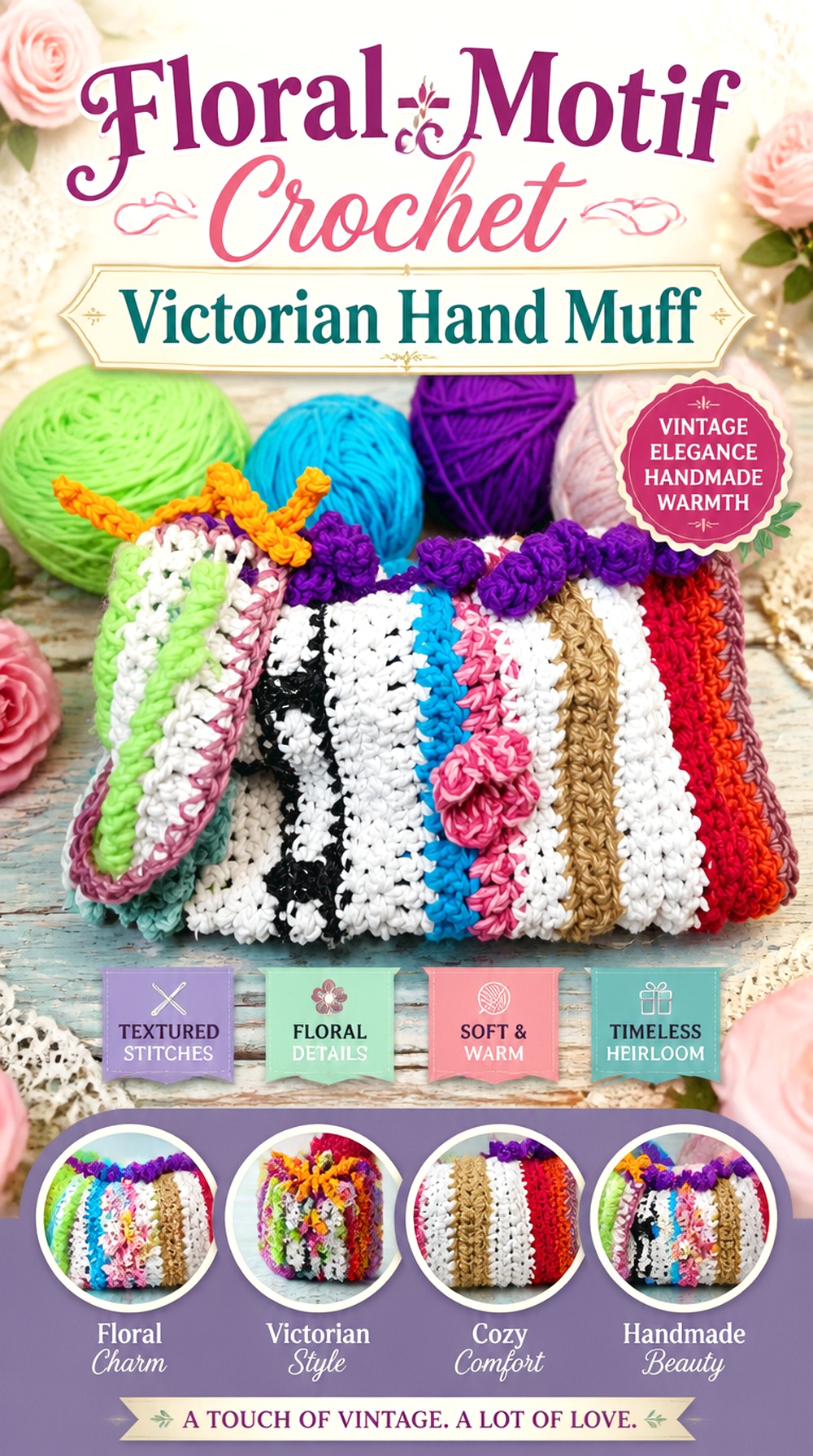Floral Motif Crochet Victorian Hand Muff