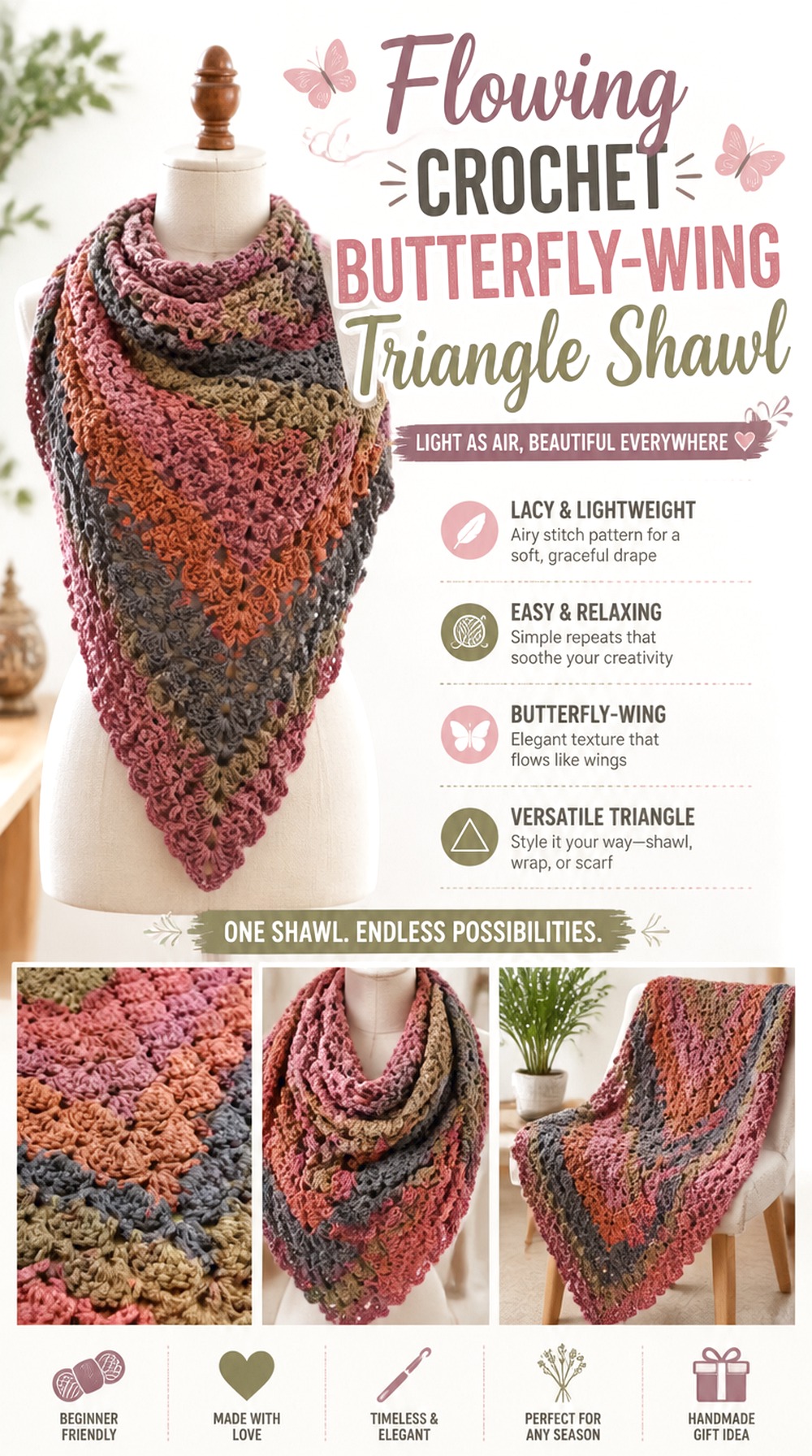 Flowing Crochet Butterfly Wing Triangle Shawl