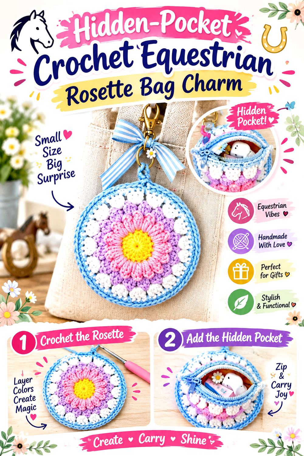 Hidden Pocket Crochet Equestrian Rosette Bag Charm