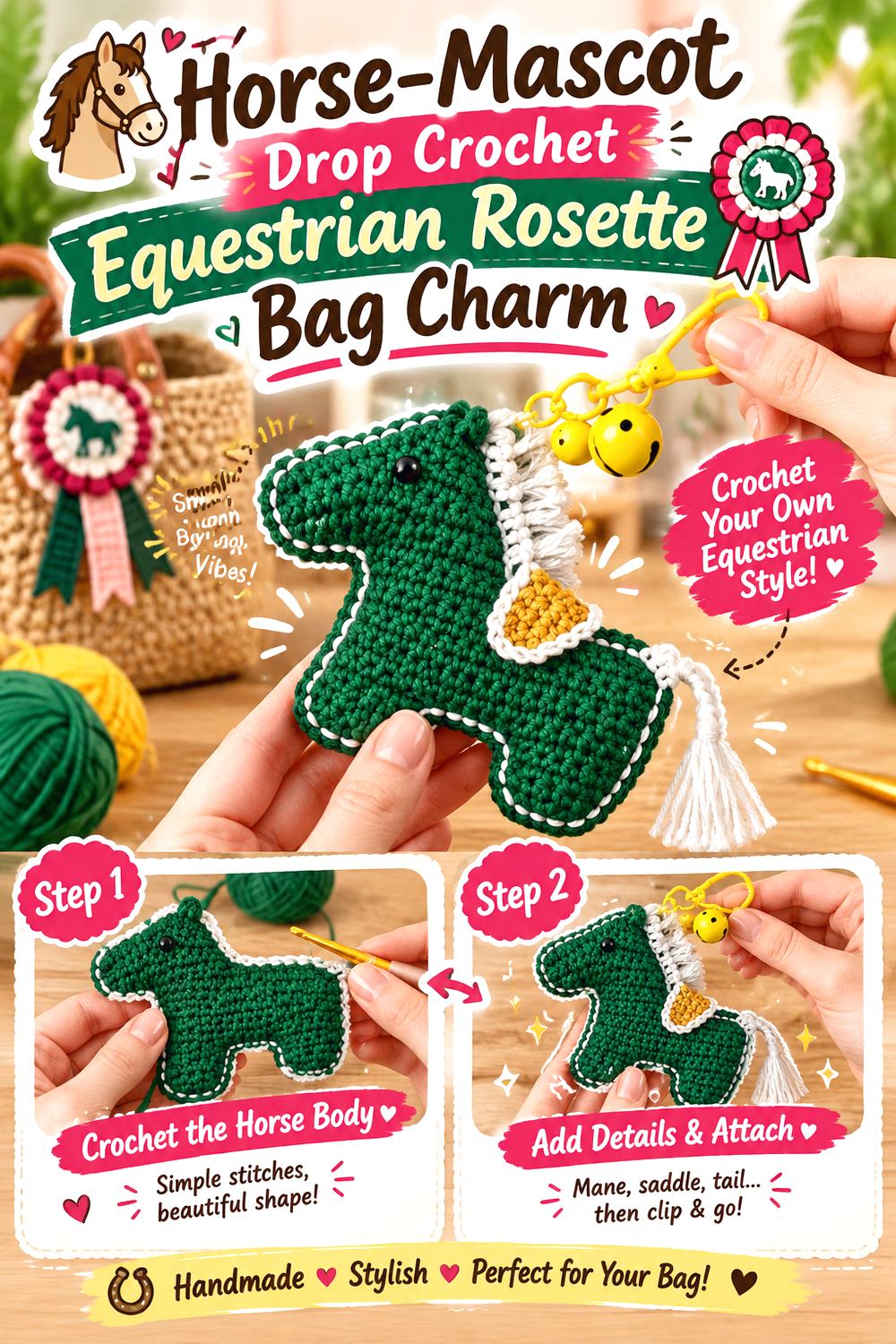 Horse Mascot Drop Crochet Equestrian Rosette Bag Charm