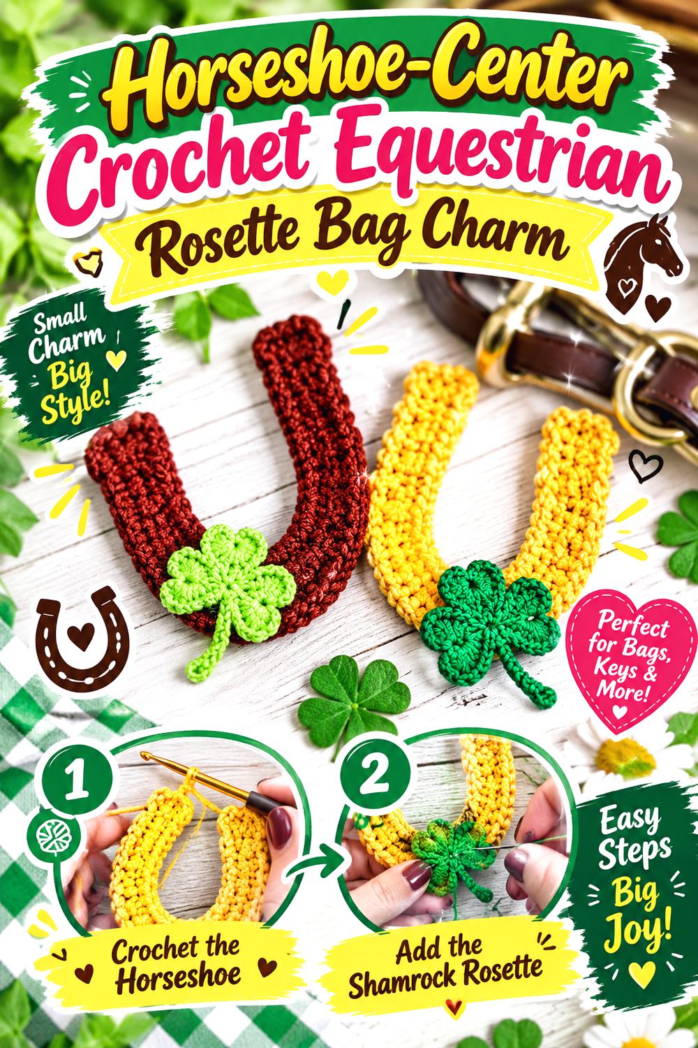 Horseshoe Center Crochet Equestrian Rosette Bag Charm