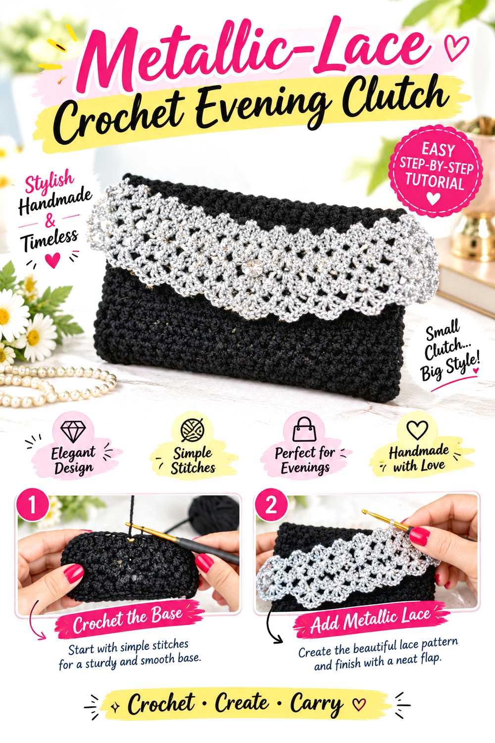 Metallic Lace Crochet Evening Clutch