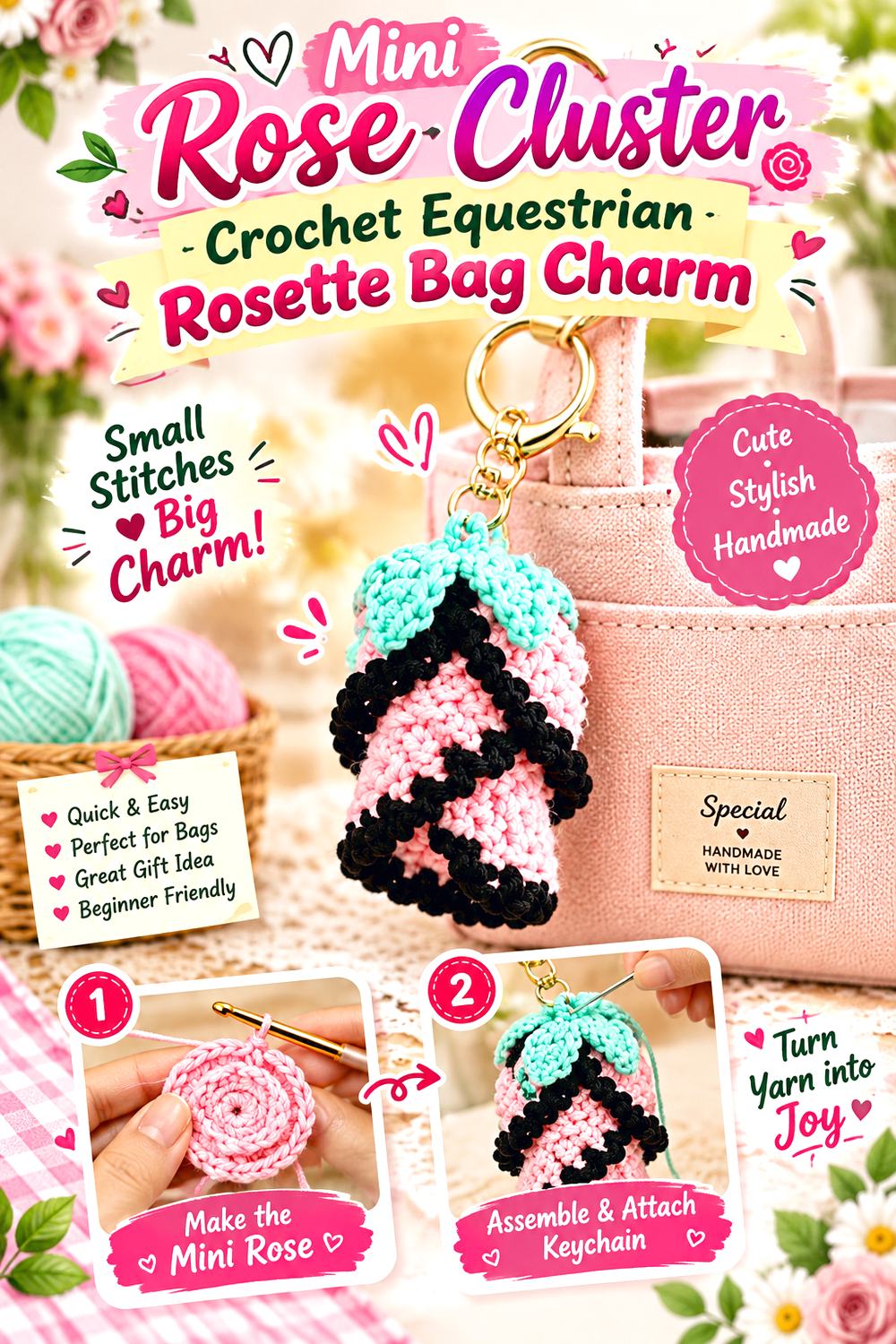 Mini Rose Cluster Crochet Equestrian Rosette Bag Charm