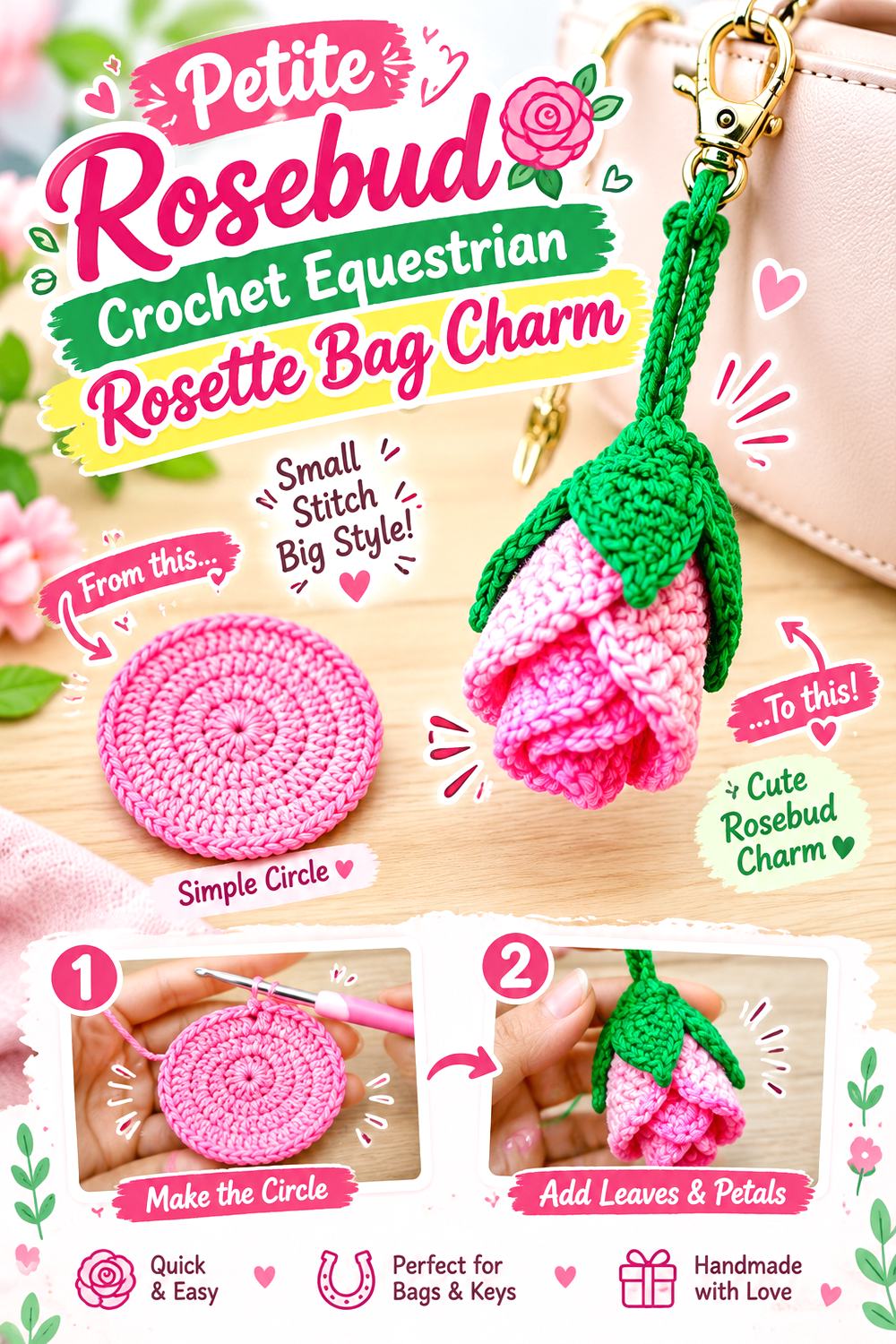Petite Rosebud Crochet Equestrian Rosette Bag Charm